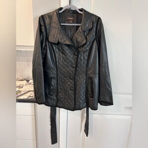 Danier Black Quilted Leather Jacket Luxe Moto Chic Detachable Belt Edgy Large